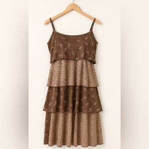 Vintage Y2K Maurices Brown Floral Tiered Dress sz S Romantic Feminine 90's‎